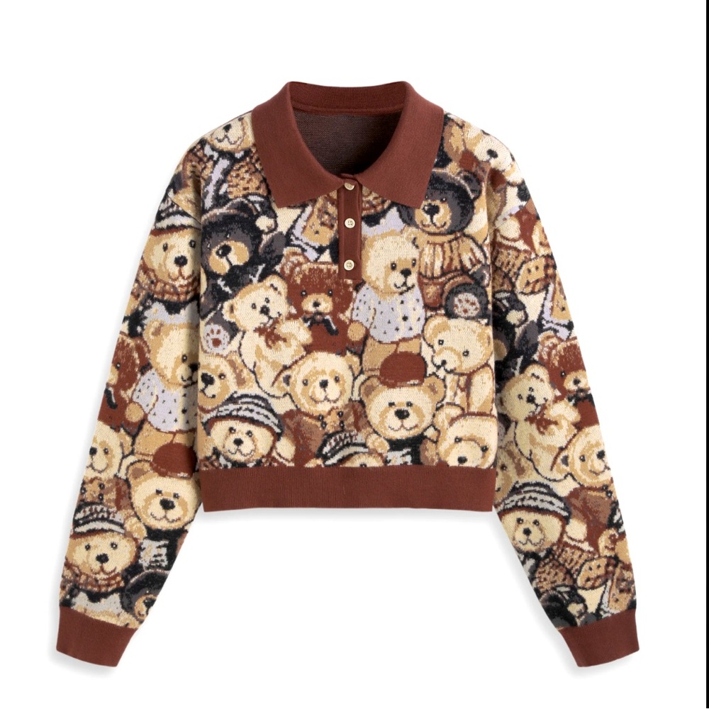 Vintage style Polo Bear Button Knitted Long Sleeve cropped Sweater Small